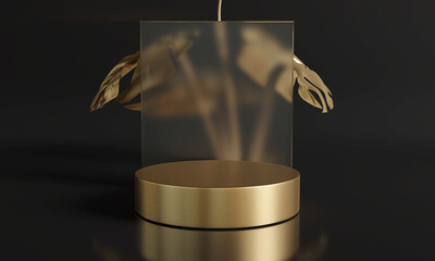 Golden product display podium with gold monstera leaves on dark background. 3D rendering