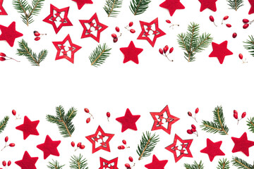 Christmas Arrengement With Red Stars And Pine Green Twigs On White Background - 377754717