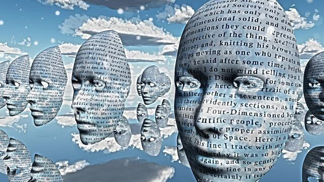 Surreal faces with text hovers in the sky