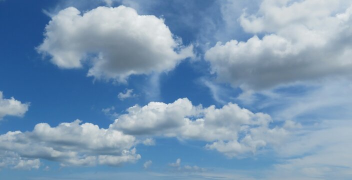 Panoramic view on beautiful clouds in blue sky, natural background