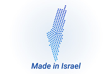 Map icon of Israel. Vector logo illustration with text Made in Israel. Blue halftone dots background. Round pixels. Modern digital graphic design