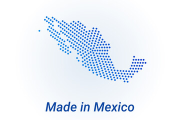 Map icon of Mexico. Vector logo illustration with text Made in Mexico. Blue halftone dots background. Round pixels. Modern digital graphic design.
