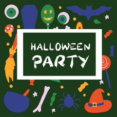 halloween party, white, light lettering on background with cute, creepy, cartoon background in vector