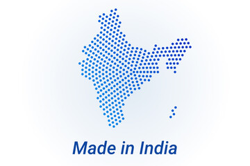 Fototapeta premium Map icon of India. Vector logo illustration with text Made in India. Blue halftone dots background. Round pixels. Modern digital graphic design.