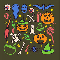 halloween kit, smiling, funny, terrible, fearsome pumpkin, broom, hat, candy, bat, spider, flask in color on a dark green background in vector