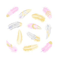 Obraz premium Silver, pink and gold glitter feathers.Boho style elements,tattoo template.