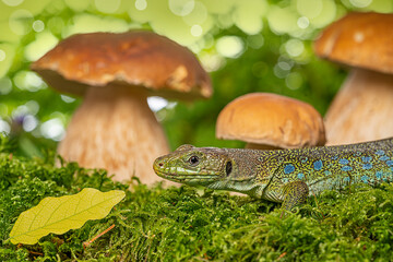 cute lizard in forest still life with mushrooms