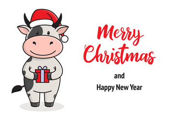 Cute Christmas card with cow or bull. Ox is symbol of the year 2021 according to the Chinese calendar. Ready-to-print greeting card with handwritten greeting 