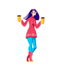 Fototapeta na wymiar Young girl holding takeaway coffee cups in hands. Casual business woman on coffee break