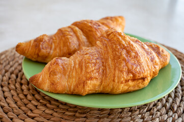 French puff pastry croissants from bakery close up