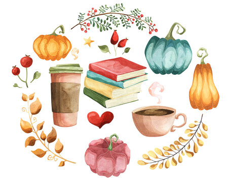 Watercolor autumn clipart: thanksgiving fall pictures, cute pumpkin clipart images, cozy cups with warm drinks, coffee cup