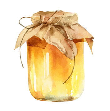 Watercolor jar of honey on white background