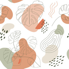 Modern abstract seamless pattern with one line monstera and organic shapes. One line drawing, continuous line. Trendy vector hand drawn illustration, good for fabrics, wallpapers, wrapping paper.