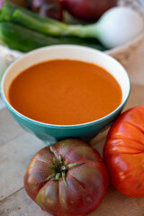 Spanish summer vegetables cold gazpacho blended soup made from tomatoes, cucumbers, onion, raw healthy vegan food