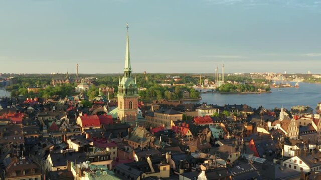 Stockholm Old Town Gamla Stan drone shot on summer evening. Most beautiful city