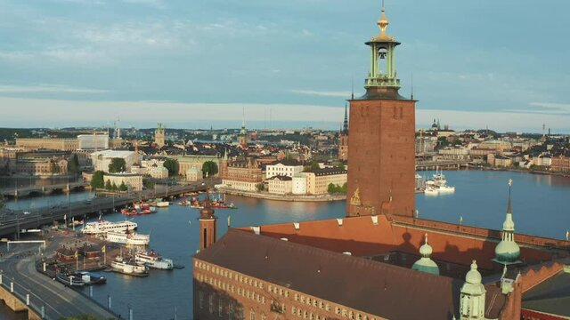 Stockholm City Hall aerial drone shot. Town hall nobel prize ceremony location