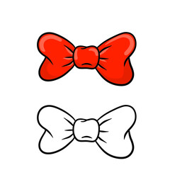 Red bow. Clothing decoration and women hair accessories. Set of color and black and white objects. Cartoon illustration