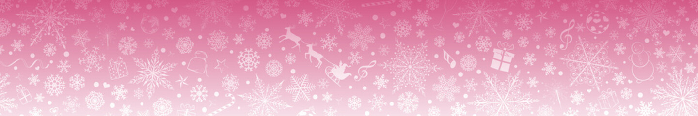 Christmas banner of various snowflakes and holiday symbols, in pink colors