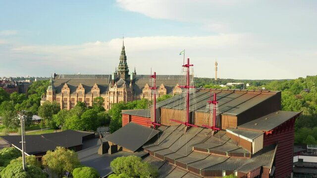 Drone shot of Stockholm National Vasa Museum. Poles rising through rooftop