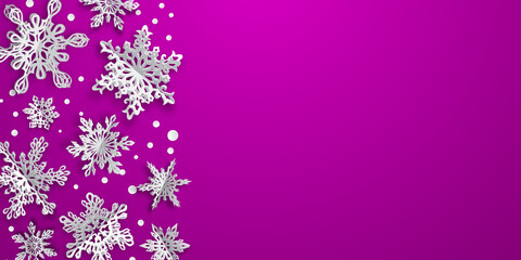 Christmas background with volume paper snowflakes with soft shadows on purple background