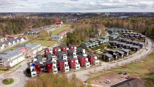 Modern high class privileged luxurious residential area drone aerial view. homes