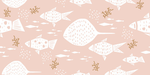 Trendy pattern with white fishes and gold algae on a pink background for printing, fabric, textile, manufacturing, wallpapers. Hand drawn seamless vector pattern