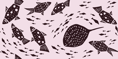 Modern pattern with ink black fishes on a white background for printing, fabric, textile, manufacturing, wallpapers. Hand drawn seamless vector pattern