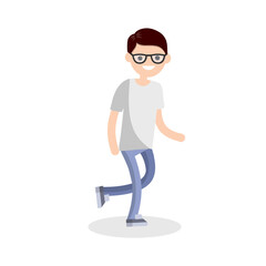 Young adult man in white t-shirt and blue jeans. Regular guy. Active motion and lifestyle. Cartoon flat illustration. Ordinary boy running
