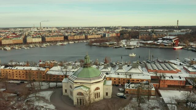 Stockholm drone aerial shot of Skeppsholmen Vasa and national Nordic Museum