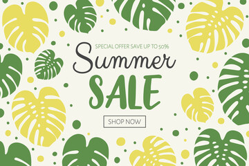 Design of Summer Sale background with tropical leaves. Vector