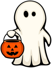 Vector illustration of a trick-or-treating cartoon ghost holding an orange, jack-o'-lantern candy bucket.
