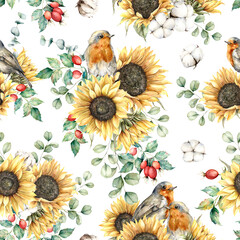 Watercolor autumn seamless pattern with robin redbreast, sunflowers, leaves and dogroses. Hand painted floral illustration isolated on white background. For design, print, fabric or background.