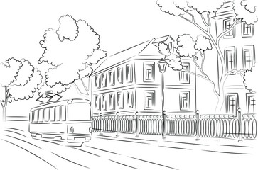 sketch of the city street with houses