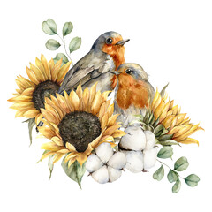 Watercolor autumn bouquet with redbreasts, sunflowers, cotton and eucalyptus leaves. Hand painted rustic card isolated on white background. Floral illustration for design, print, fabric or background.