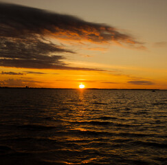 Sunset river reflection water landscape. River sunset view