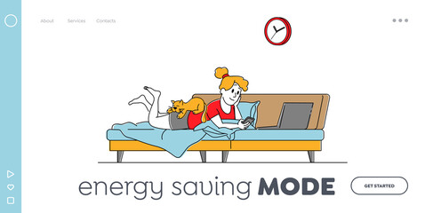 Female Character Lazy Weekend Landing Page Template. Woman Lying on Couch at Home with Smartphone and Laptop, Day Off