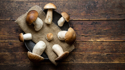 Fototapeta na wymiar Fresh forest mushrooms /Boletus edulis (king bolete) / penny bun / cep / porcini in an old bowl / plate on the wooden dark brown table, top view background