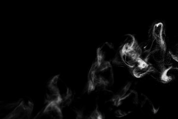 White natural steam smoke effect on solid black background with abstract blur motion wave swirl use for overlay in pollution, vapor cigarette, gas, dry ice, hot food, boil water 