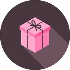 Present gift box with ribbon bows flat design illustration in circle icon. Isometric vector interface elements for app icon UI UX banner web invitation isolated on white background. 