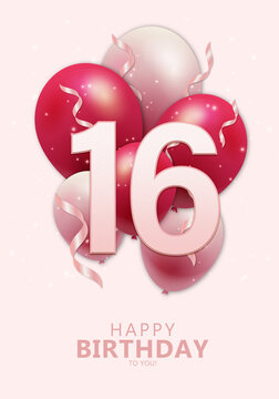 Happy 16th Birthday With Realistic Red And Rosegold Balloons On Light Rose Background. Set For Birthday, Anniversary, Celebration Party. Vector Stock.