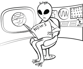 Illustration of reading newspaper scared by news alien, that sitting in armchair in cabin of his spaceship. In the cabin there is a porthole with the planet (earth?) and a complex remote with screens.