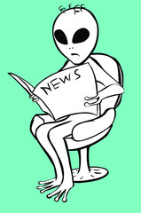 A hand-drawn vector illustration of a humanoid alien scared by the news, who is sitting on a chair and reading a newspaper.