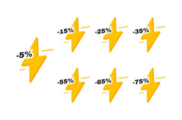 Sale tags badges with lightning bolt. 5, 15, 25, 35, 55, 65 and 75 percent off discount. Banners template design for business, promotion, sale and advertising. Vector illustration