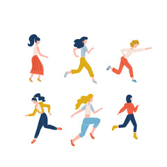 Fototapeta na wymiar Set of happy running women dressed in casual clothes. Collection of funny people in hurry or haste. Joyful flat cartoon characters isolated on white background. Vector illustration. Black friday sale.