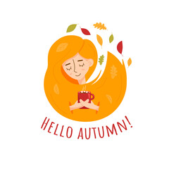 A nice girl with red hair and a cup of hot coffee. Isolated on white background.