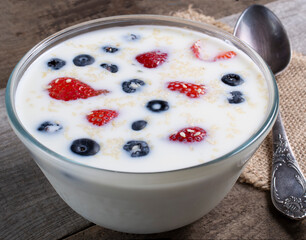 milk with strawberries and blueberries and sesame seeds on a wooden background. healthy food concept, fresh natural food.