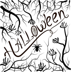 Lettering. The word Halloween is drawn, a spider, and against the background of tree branches that turn into scary hands, it is drawn in black. The illustration is isolated on a white background. 