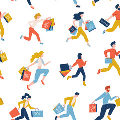Fototapeta na wymiar Seamless pattern of trendy running men and womwn carrying shopping bags. Black friday sale concept for ad banners. Vector flat illustration.