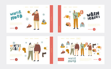 People in Warm Clothes for Outdoor Walking Landing Page Template Set. Male Female Characters Wearing Scarves and Hoods