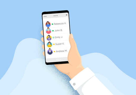 Hand Holding Phone With Contacts List. Smartphone With Online Friends. Characters Of People On Cellphone Screen. Mobile Phone Online Contacts. Friends Status Icons. Live User Contacts. Mobile Vector